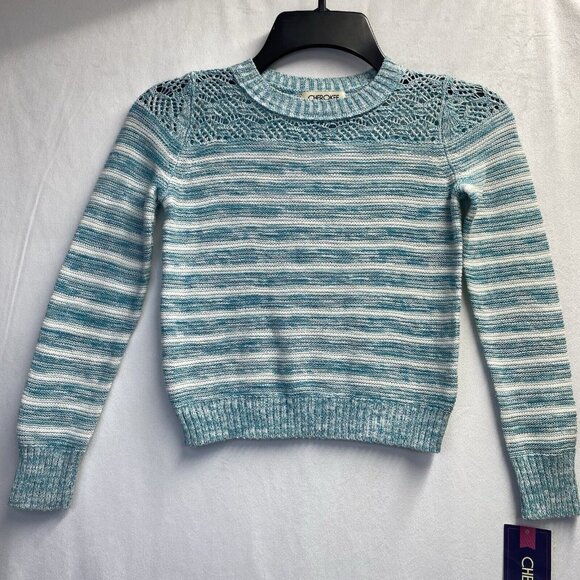 Cherokee Round Neck Long Sleeve Knit Sweater Girls S/P(6/6X) White/Green Stripes - Picture 1 of 16